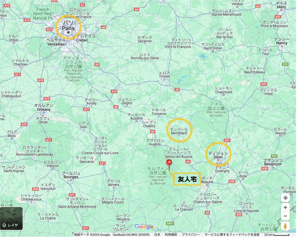 Source from Google Maps: Map location from Paris to Burgundy