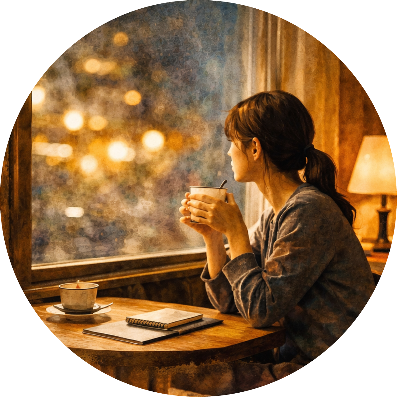A woman holding a teacup gazes out the window 息を吐く時　ほっとする瞬間