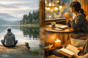 A woman holding a teacup gazes out the window 息を吐く時　ほっとする瞬間