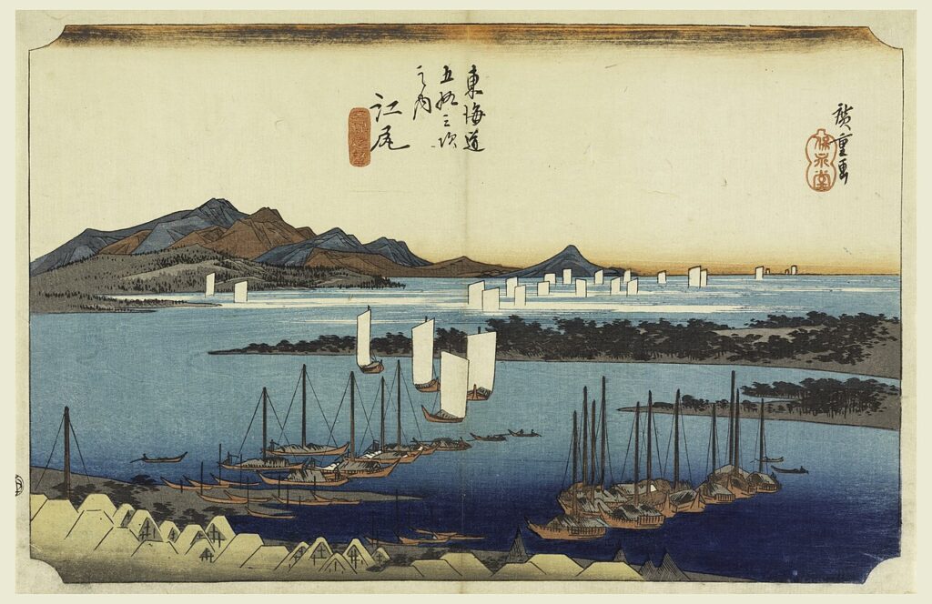 歌川広重《名東海道五拾三次之内 江尻 三保遠望》Public domain, via Wikimedia Commons