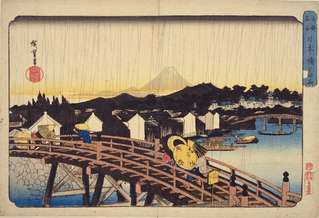 歌川広重《東都名所 日本橋之白雨》Public domain, via Wikimedia Commons