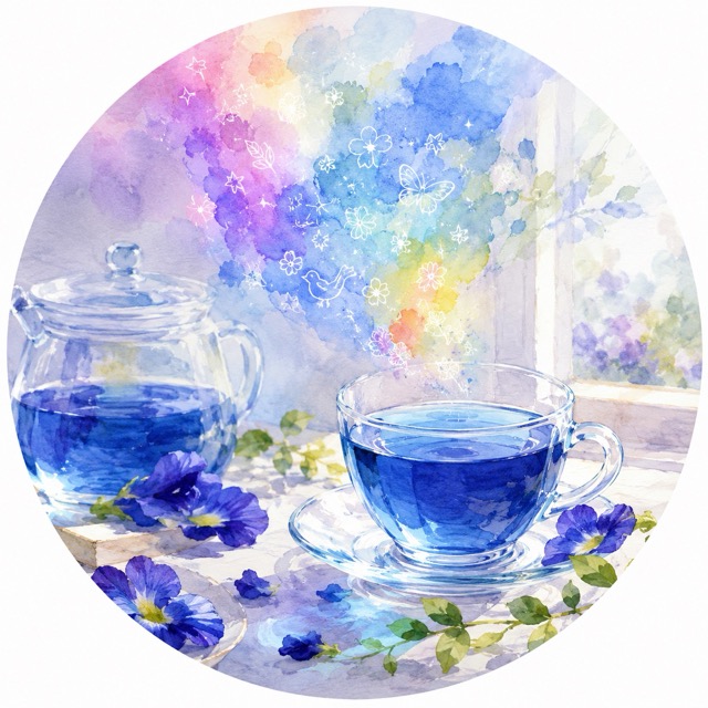 青い花とお茶の夢イメージイラスト