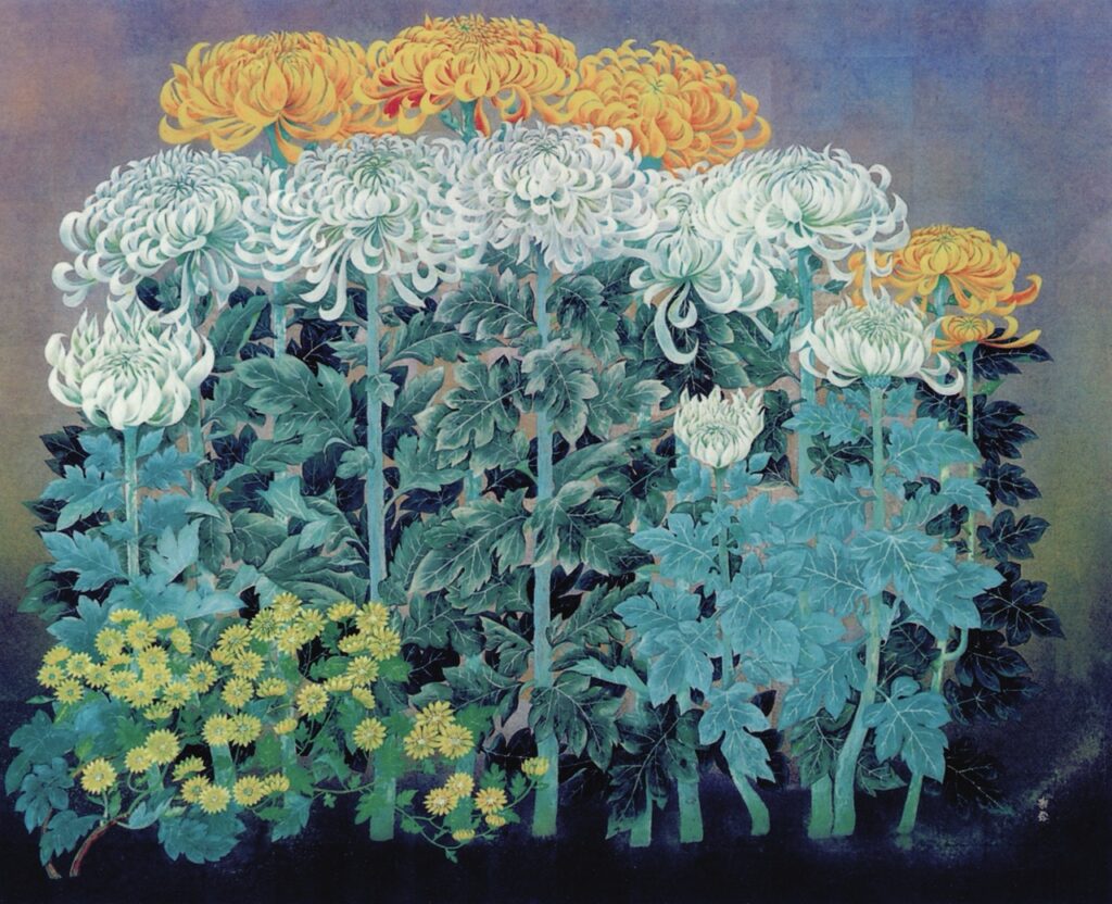 浅野紫露（本名：浅野四郎）「華」 壮麗な菊の花々を描いた日本画作品