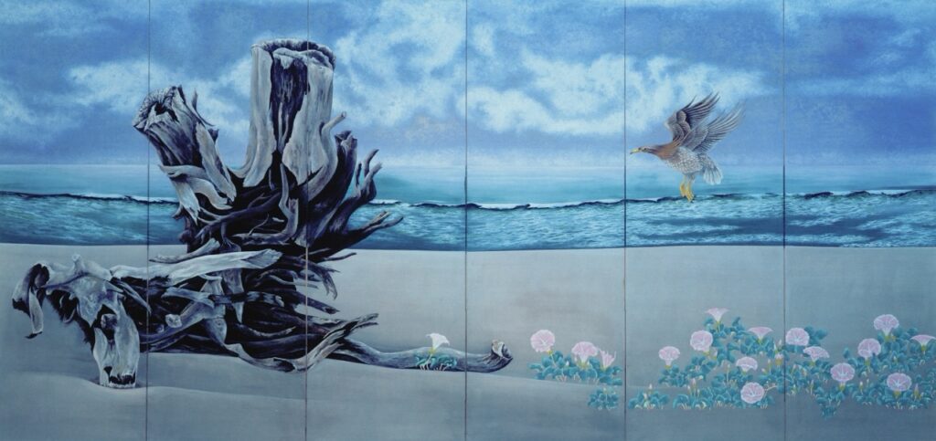 浅野紫露（本名：浅野四郎）「望郷」 流木と浜昼顔そして猛禽が舞う閖上の浜を描いた作品