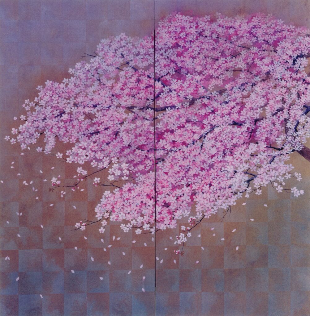 浅野紫露（本名：浅野四郎）「惜春」 満開に咲いた桜の花びらが舞い散る様子を描いた日本画作品