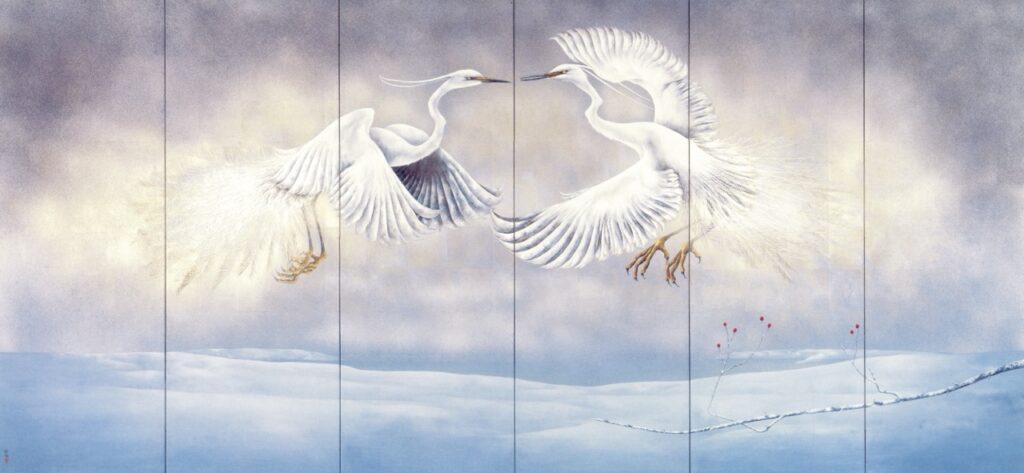 浅野紫露（本名：浅野四郎）「白に舞う」。雪景色の中を舞う二羽の白鷺を描いた日本画作品。