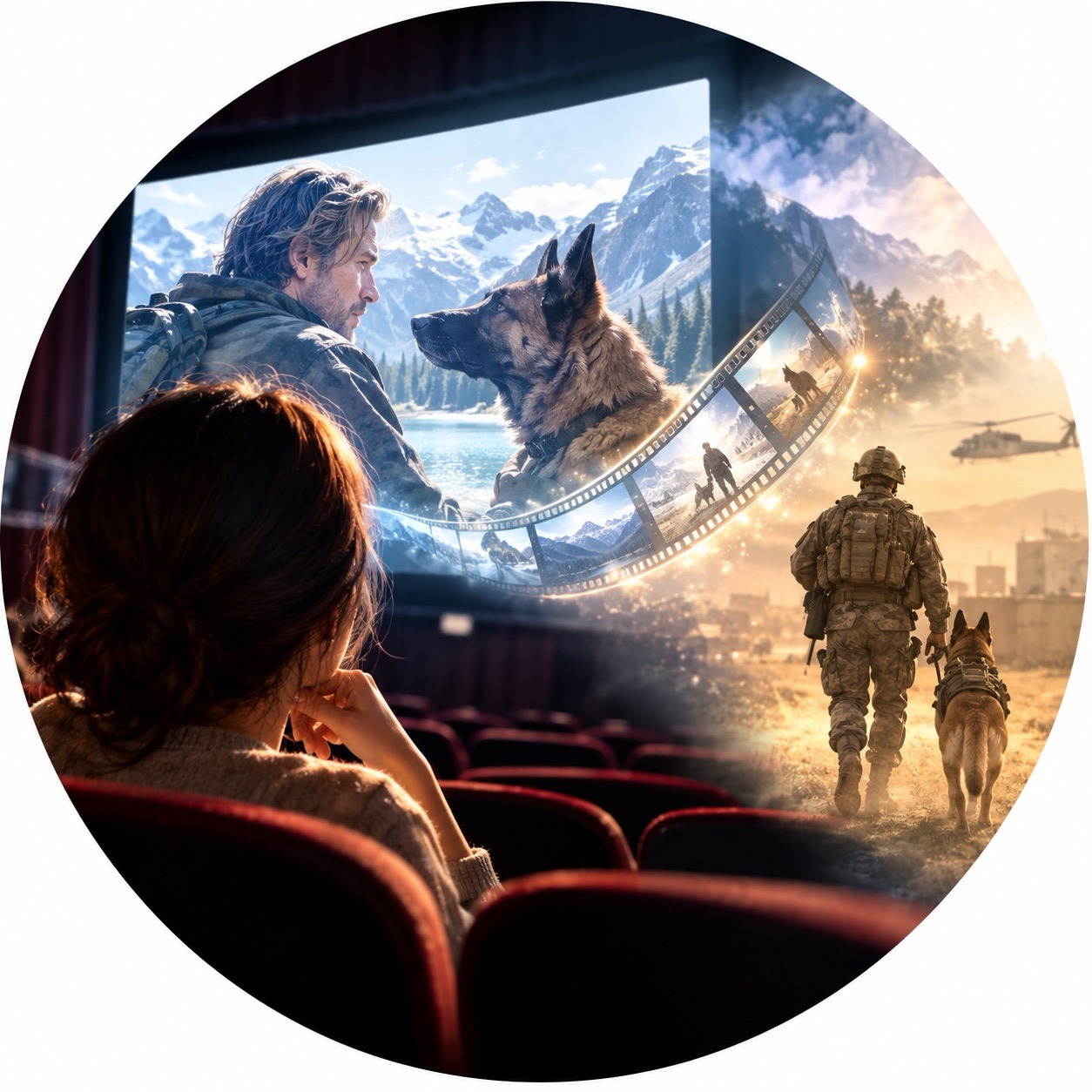軍用犬と兵士の映画を観る女性の後ろ姿
